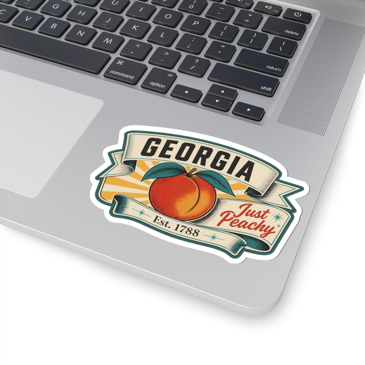 Georgia state emblem sticker with peach and “Est. 1788” on a laptop lid