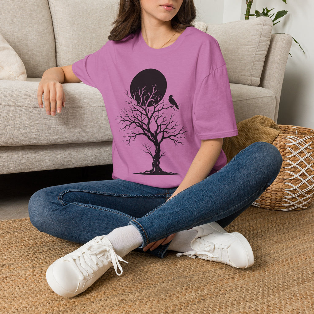 Purple crewneck t-shirt with black moon tree and bird silhouette graphic