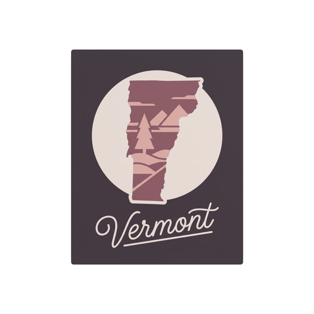 Vermont script and state outline on mauve metal wall art, dark square sign