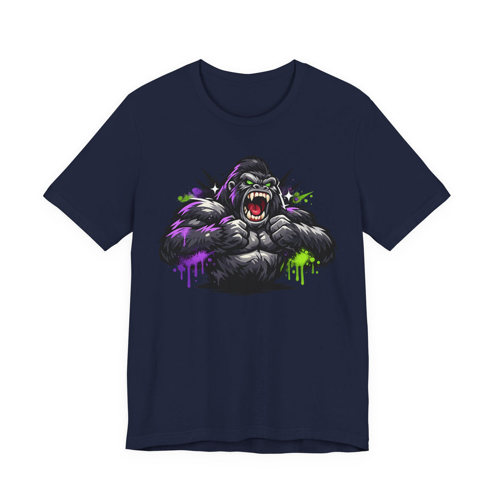Navy graphic gorilla tee with roaring ape illustration and purple/green neon paint drips
