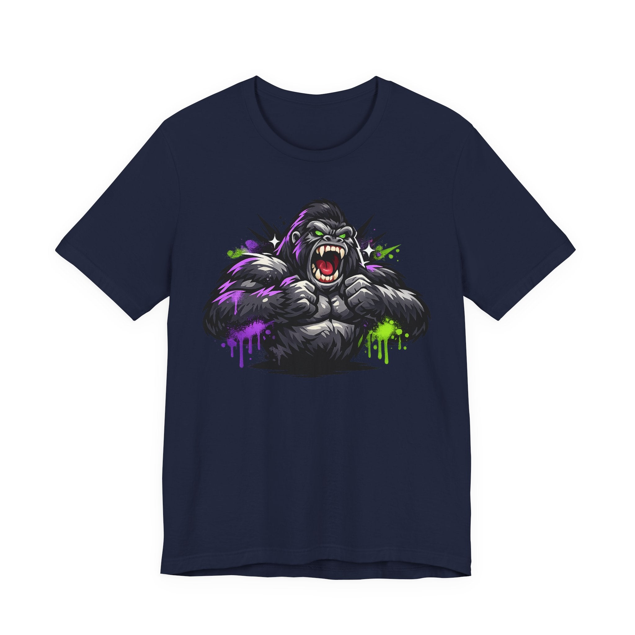 Navy graphic gorilla tee with roaring ape illustration and purple/green neon paint drips