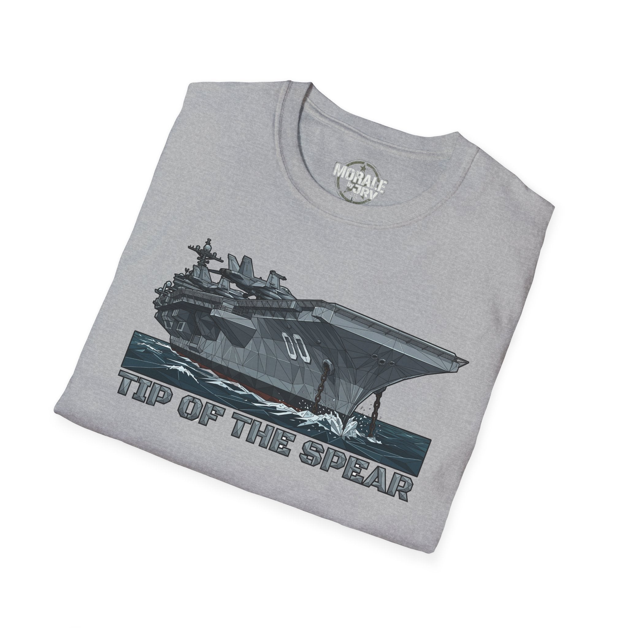 Sport Grey T-shirt with aircraft carrier graphic and “TIP OF THE SPEAR” text