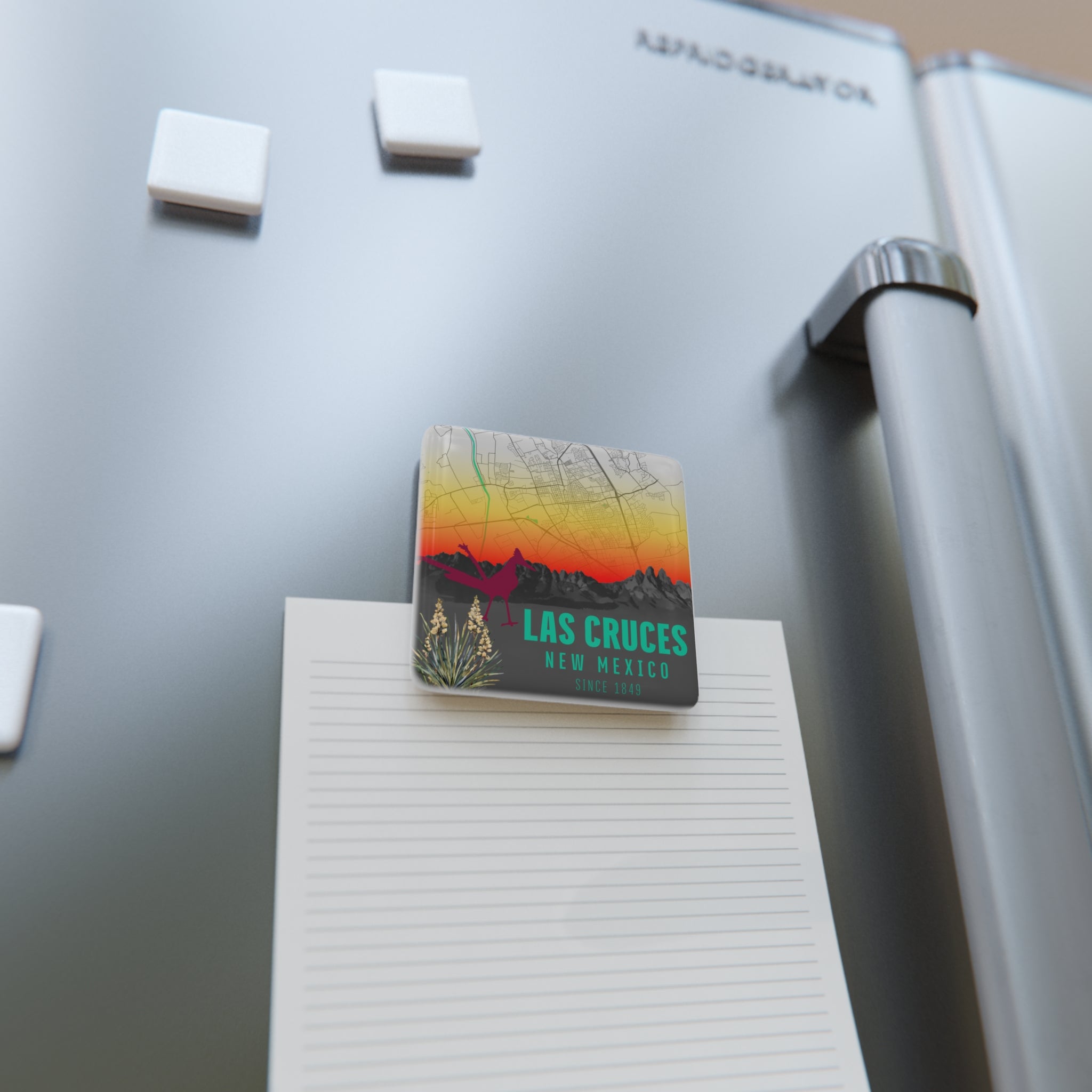 Las Cruces New Mexico square porcelain magnet with sunset map and “Las Cruces” text
