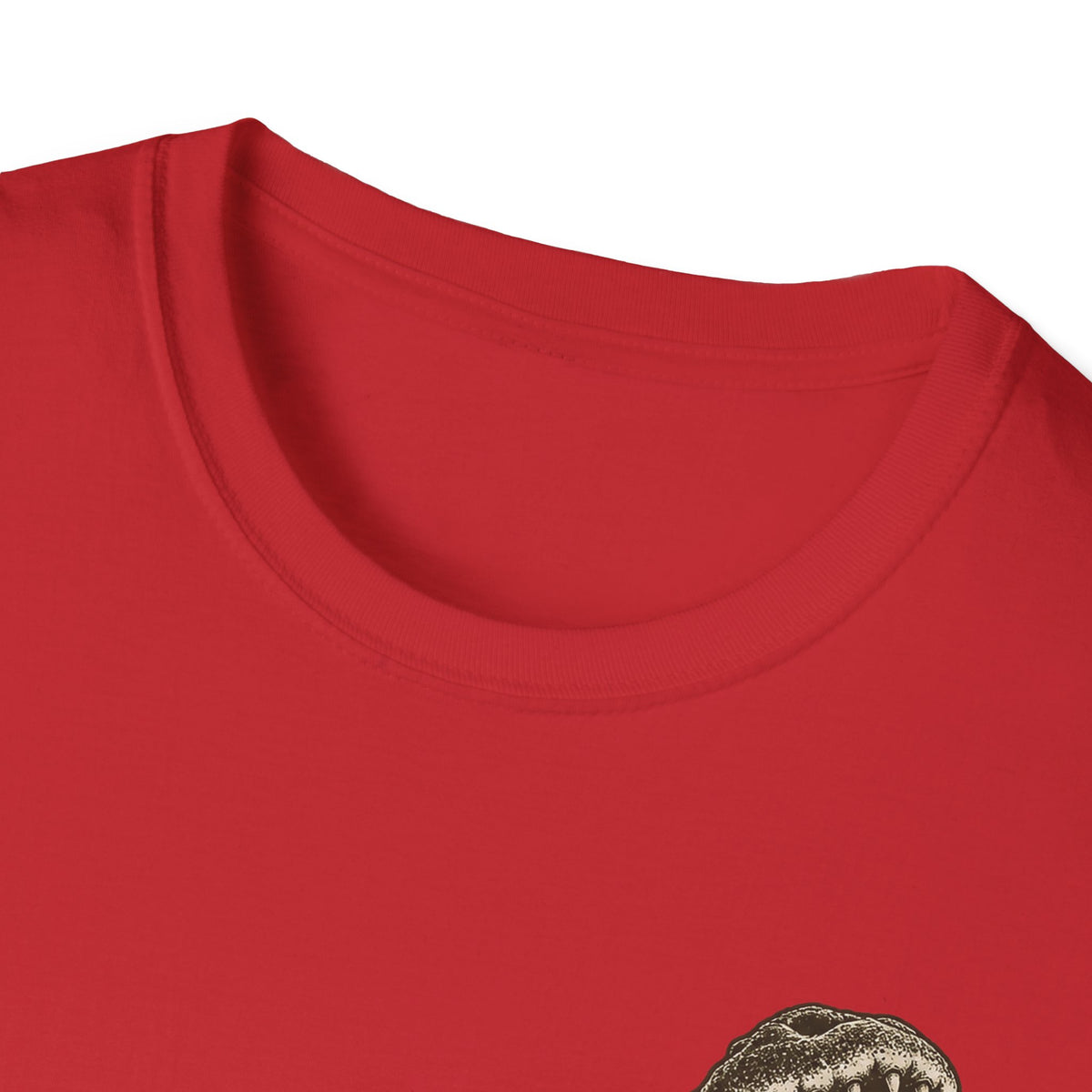 Red crew-neck t-shirt close-up with ribbed collar and partial alligator print