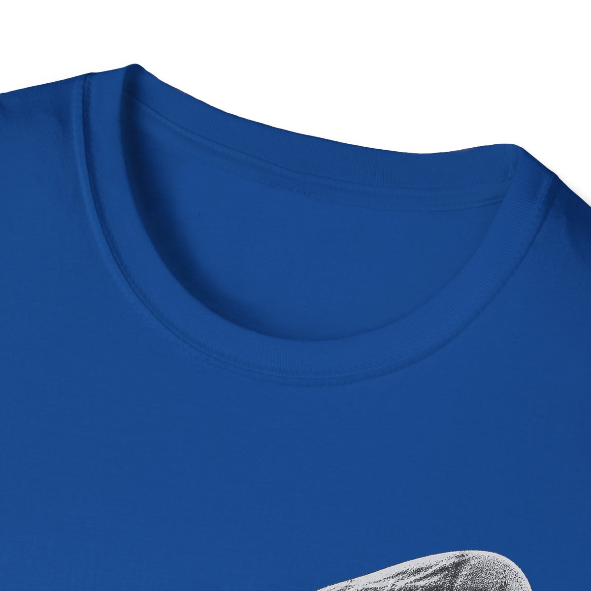 Blue t-shirt close-up of crew neck and partial whale splash graphic