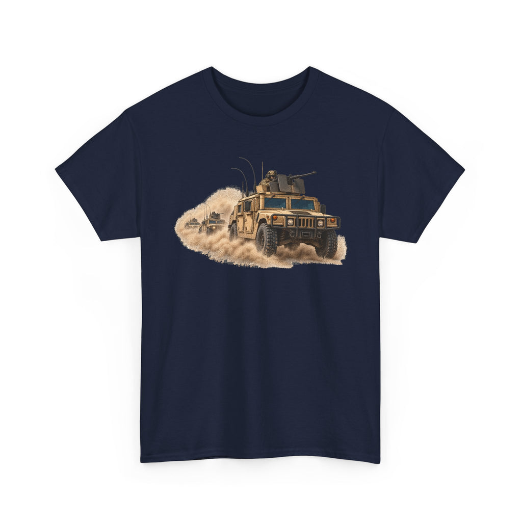 Navy crew-neck T-shirt with armored vehicle graphic and sand-colored dust