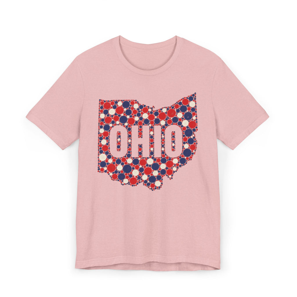 Pink T-shirt with dotted polka graphic OHIO in red, white, and blue