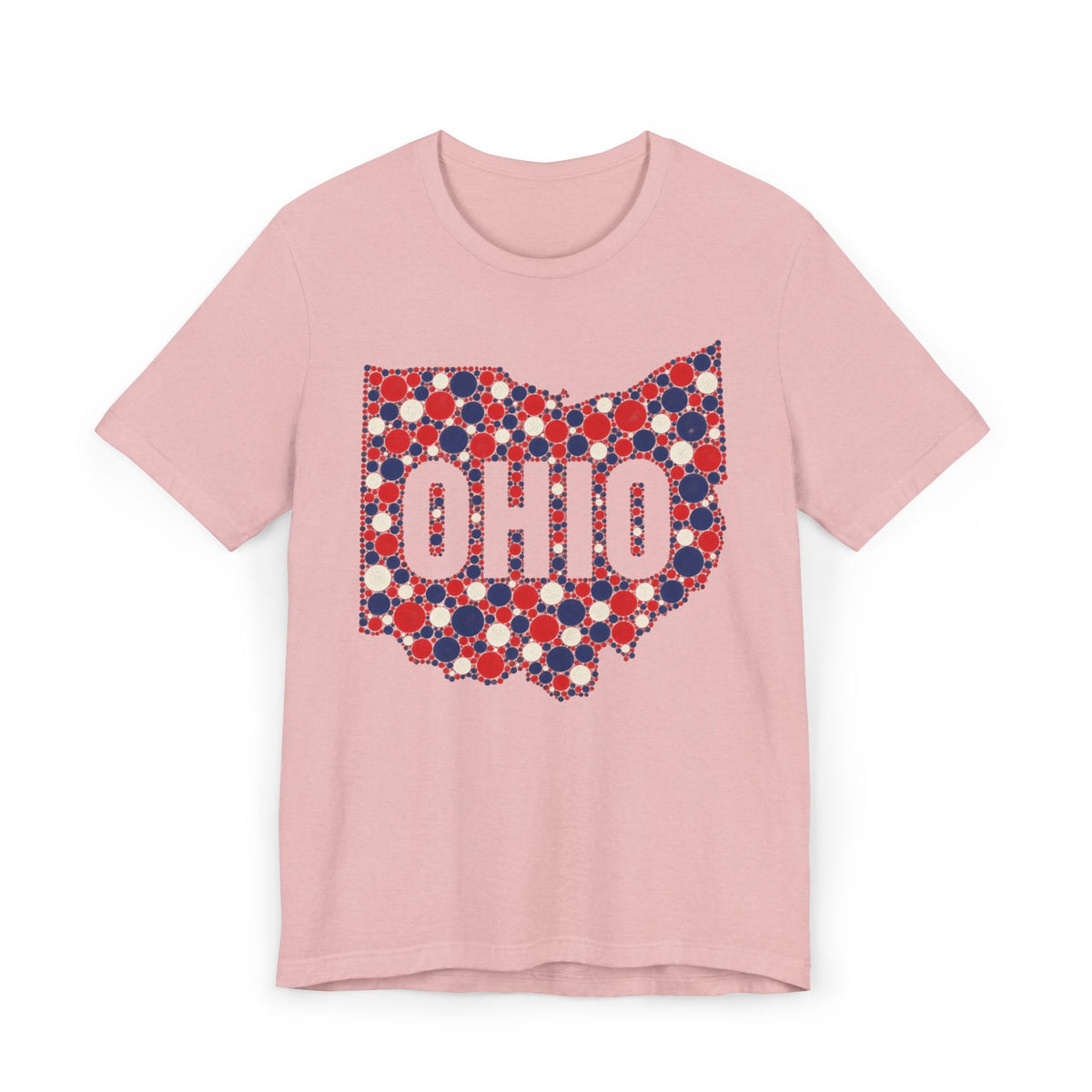 Pink T-shirt with dotted polka graphic OHIO in red, white, and blue
