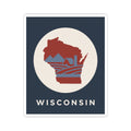 Wisconsin state sticker showing red map over blue horizontal stripe waves inside circle