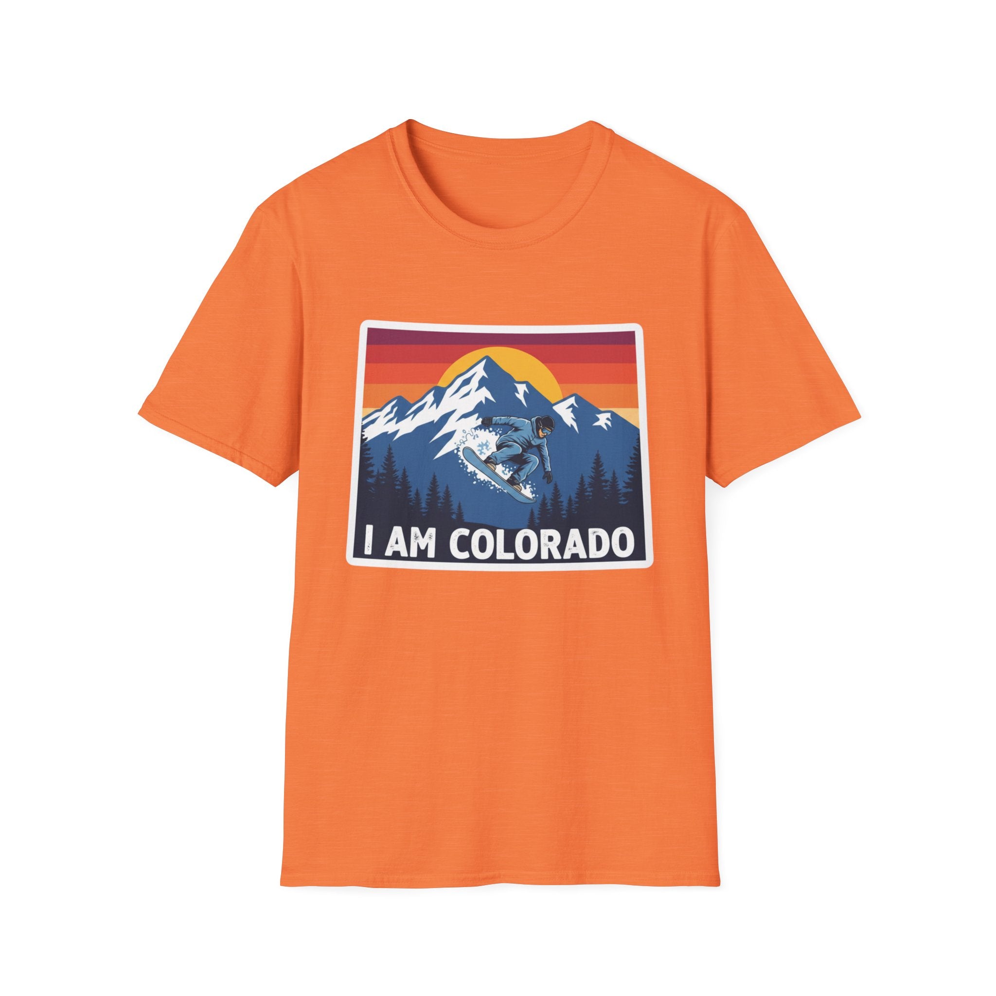 Orange T-shirt with “I AM COLORADO” mountain sunset graphic featuring a wolf and bear