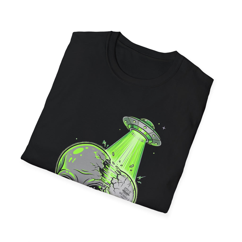 Alien & Skull T-Shirt, black, green alien UFO tractor beam graphic across chest