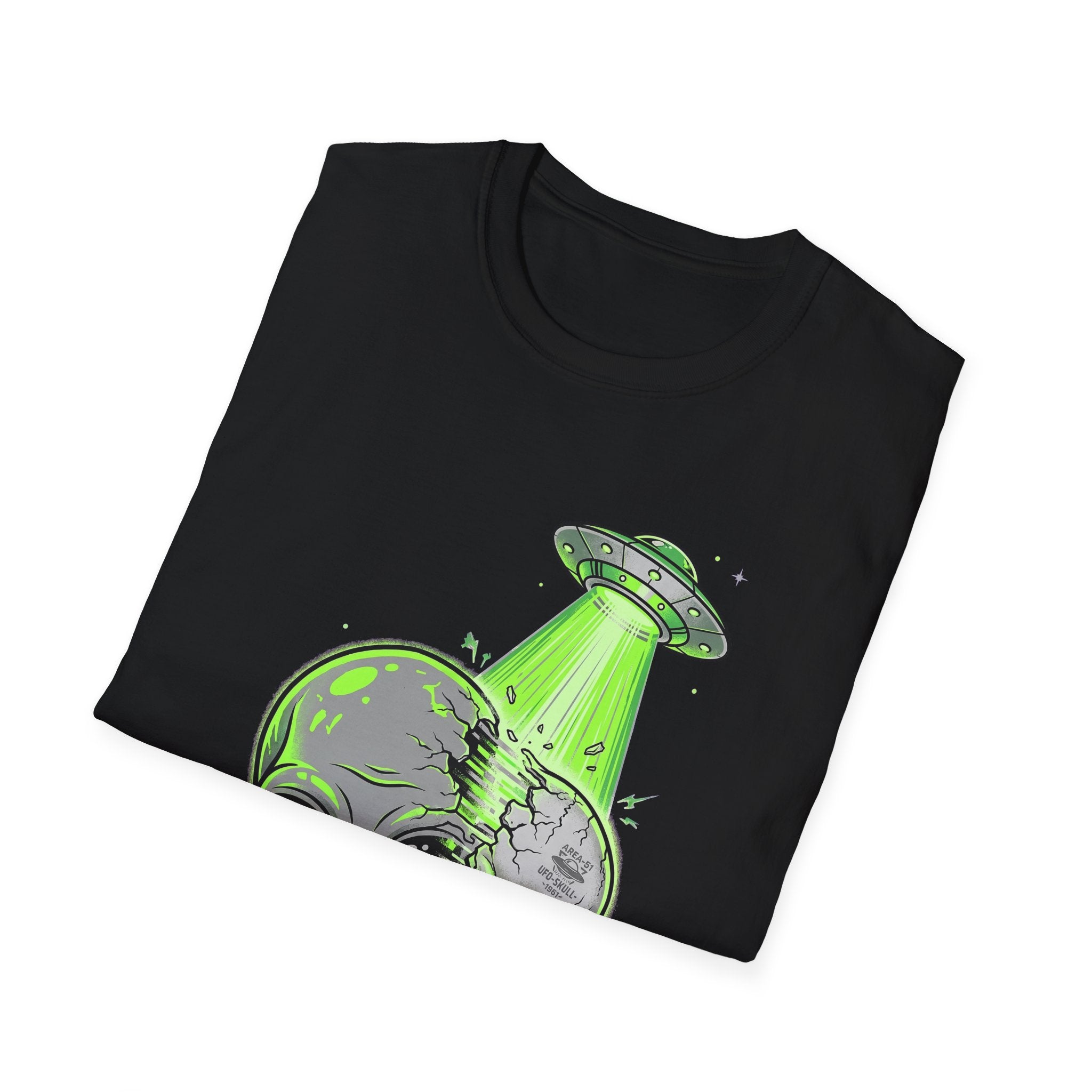 Alien & Skull T-Shirt, black, green alien UFO tractor beam graphic across chest