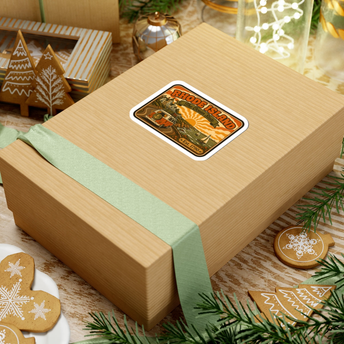 Rhode Island sticker on wrapped gift box, Ocean State sunset art, Est. 1790