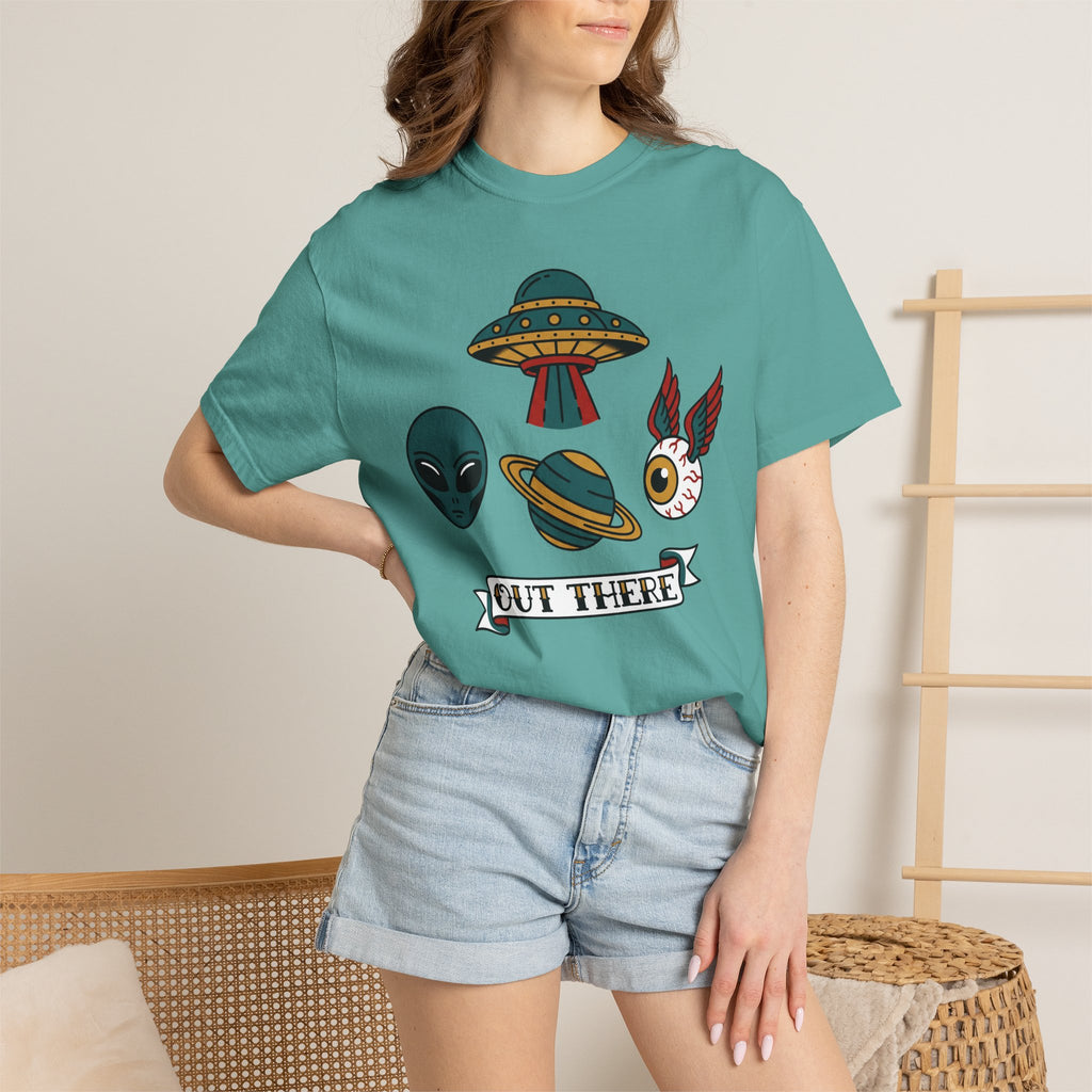 Teal crew-neck T-shirt with UFO, alien and cat graphic on model