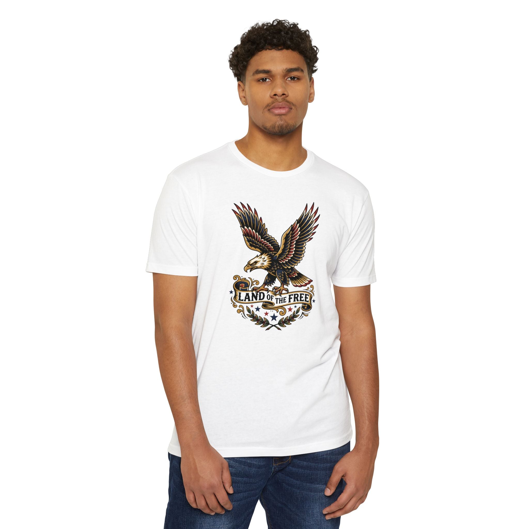 White crewneck t-shirt with eagle emblem graphic on chest
