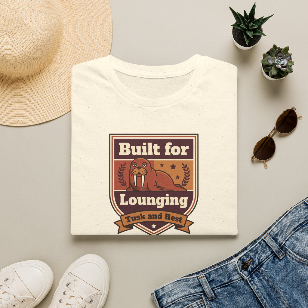 White t-shirt with walrus graphic and “Built for Lounging” badge, short sleeves