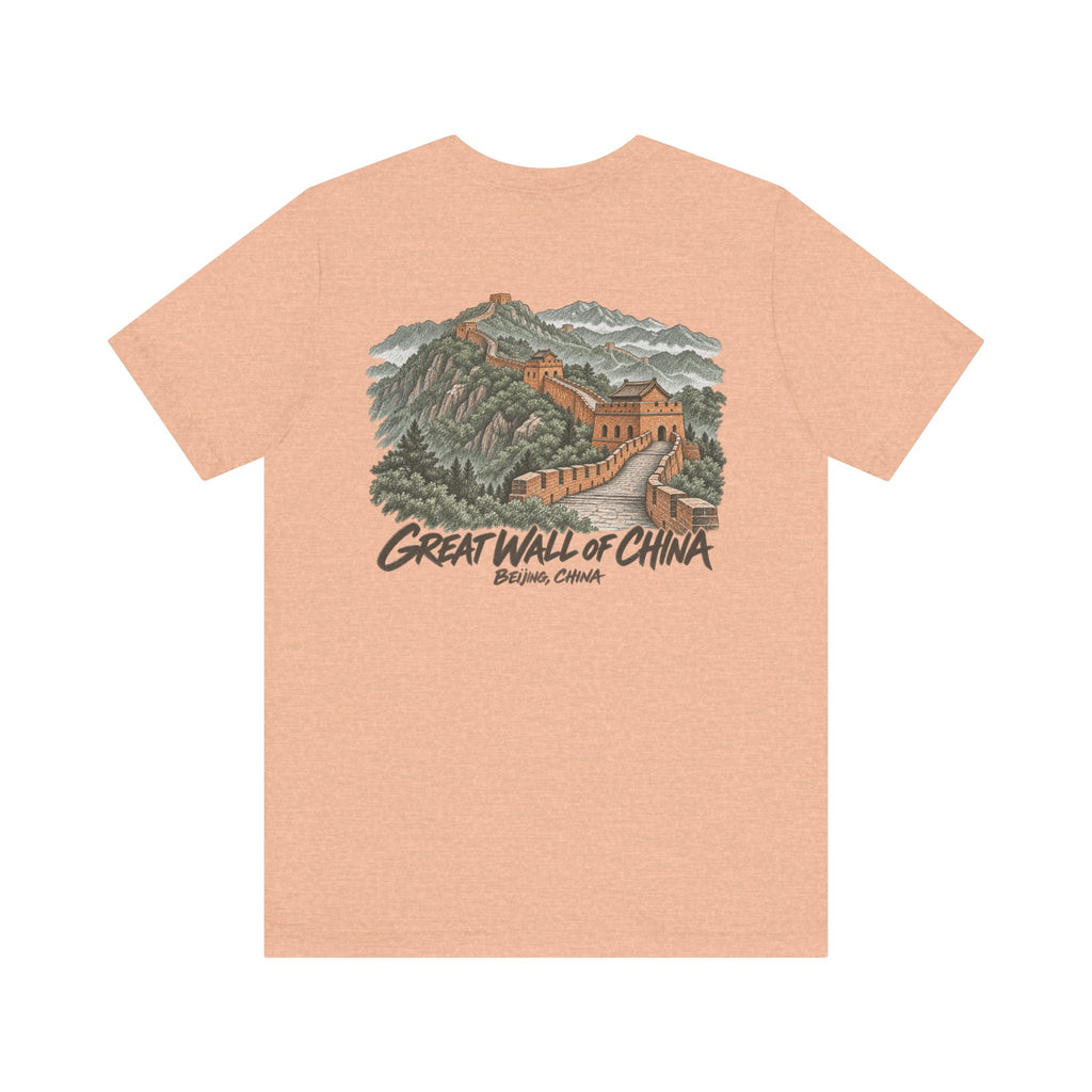 Peach crewneck souvenir graphic tee with Great Wall of China front print