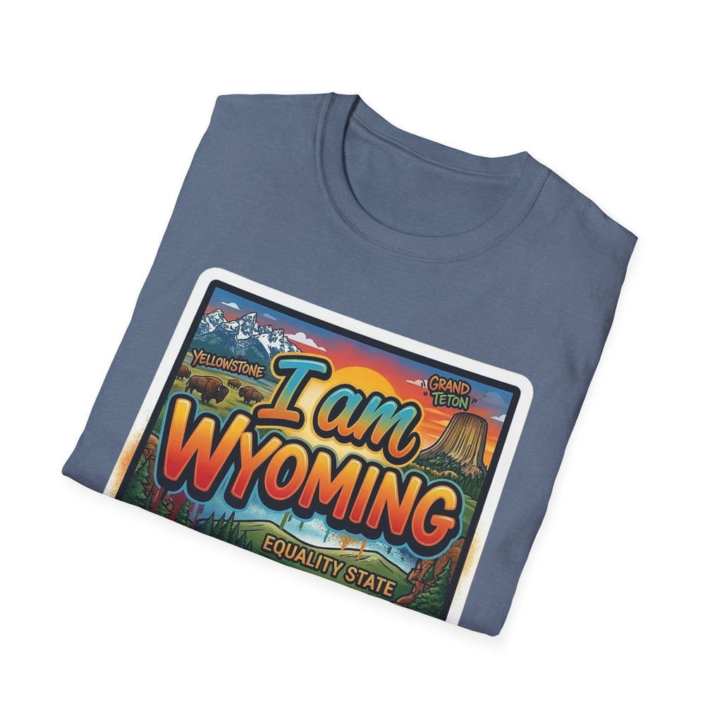 Heather blue T-shirt with colorful “I am Wyoming” postcard design