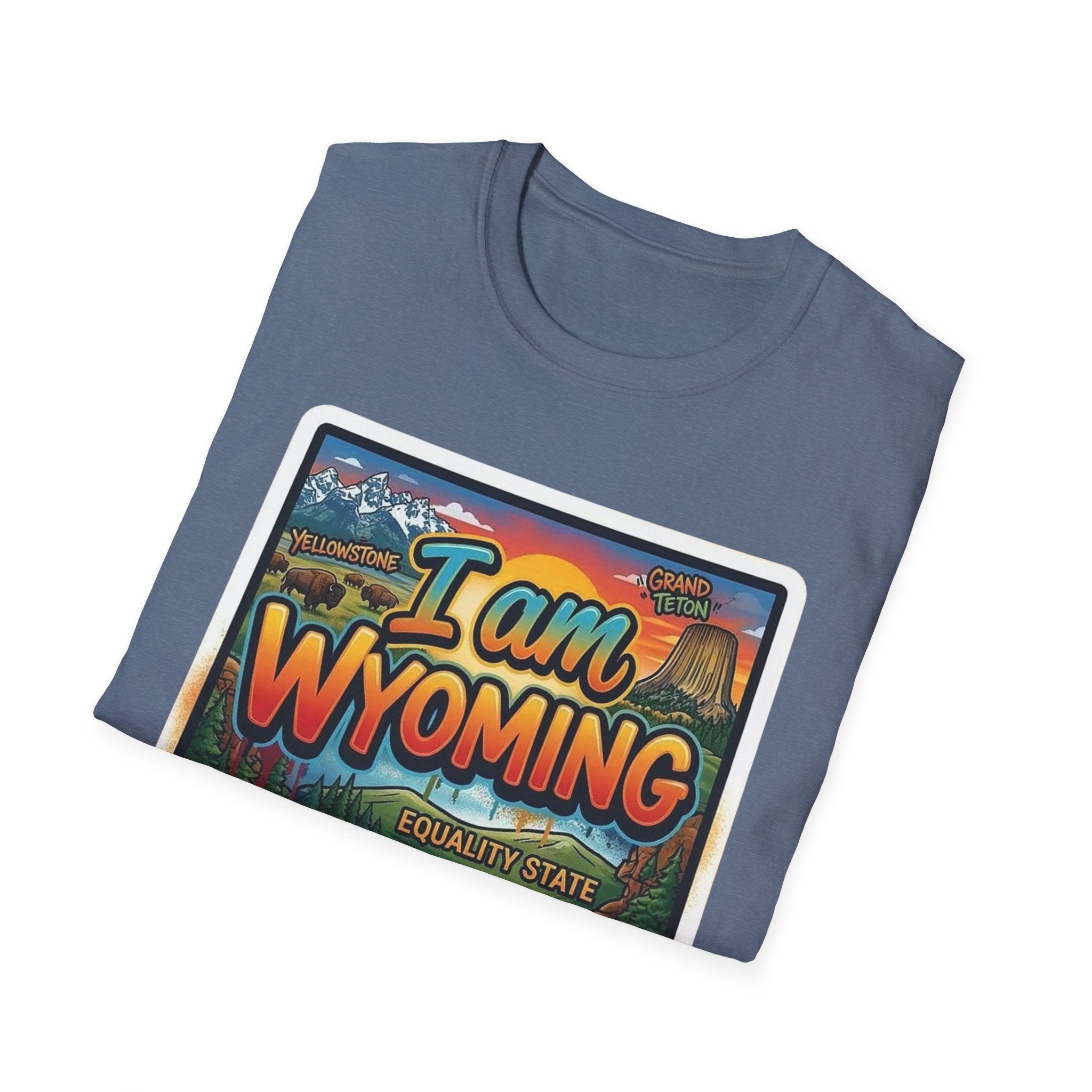 Heather blue T-shirt with colorful “I am Wyoming” postcard design