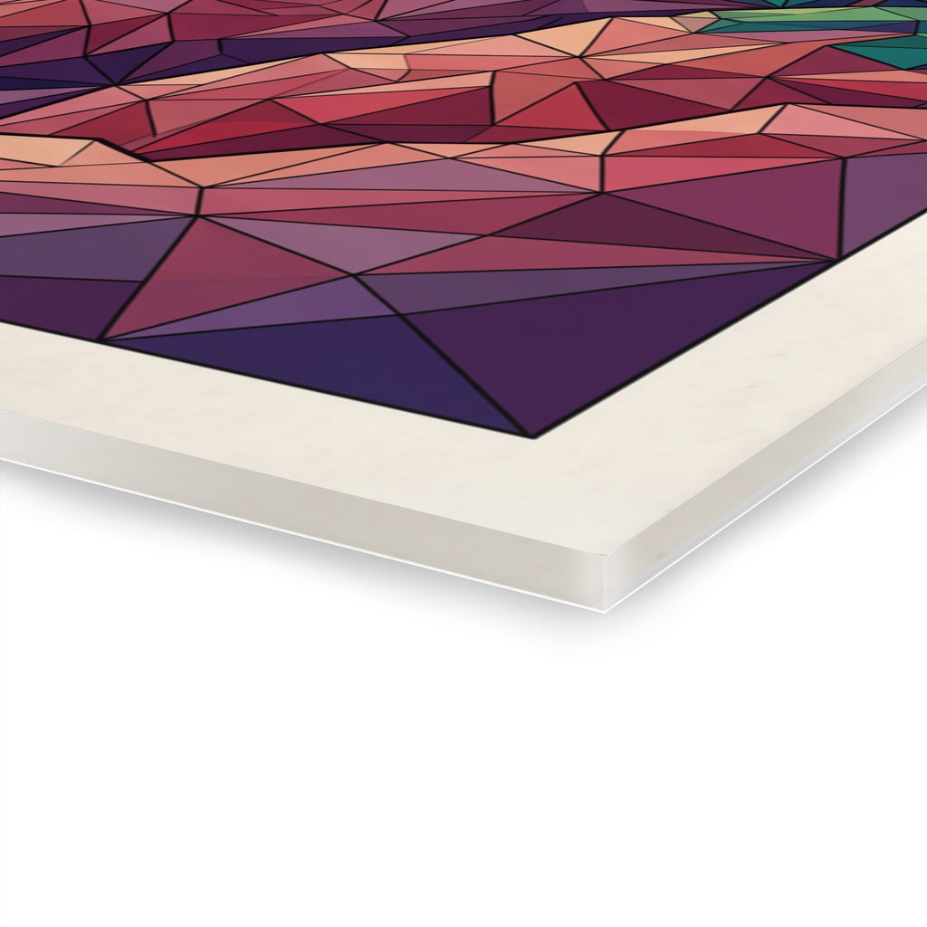 Close-up corner of geometric acrylic wall art in purple and red polygon shapes