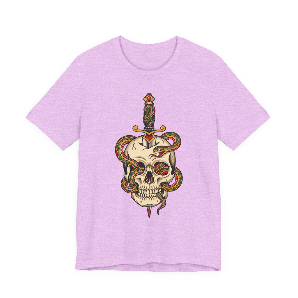 Lilac unisex T-shirt with snake skull and dagger graphic