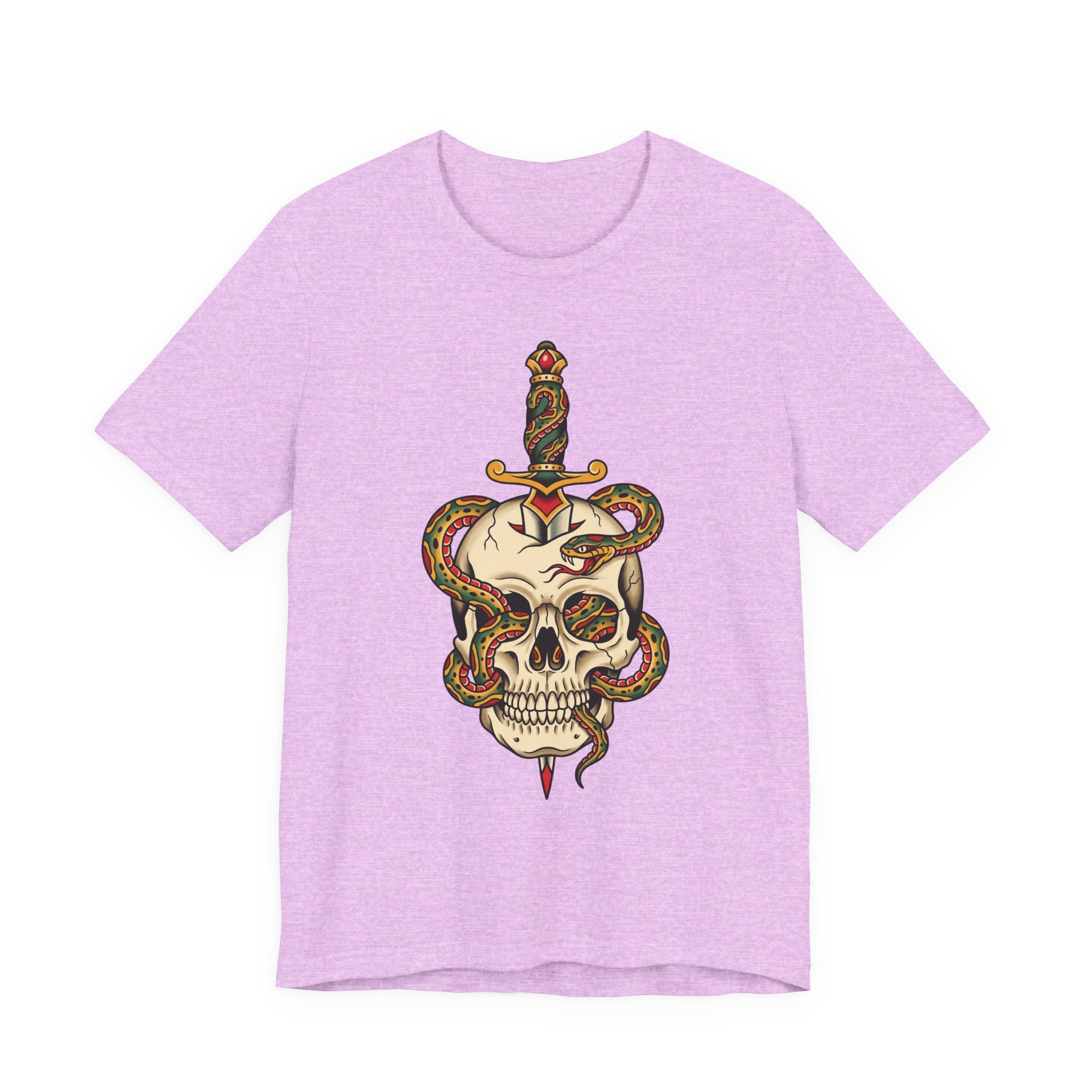 Lilac unisex T-shirt with snake skull and dagger graphic