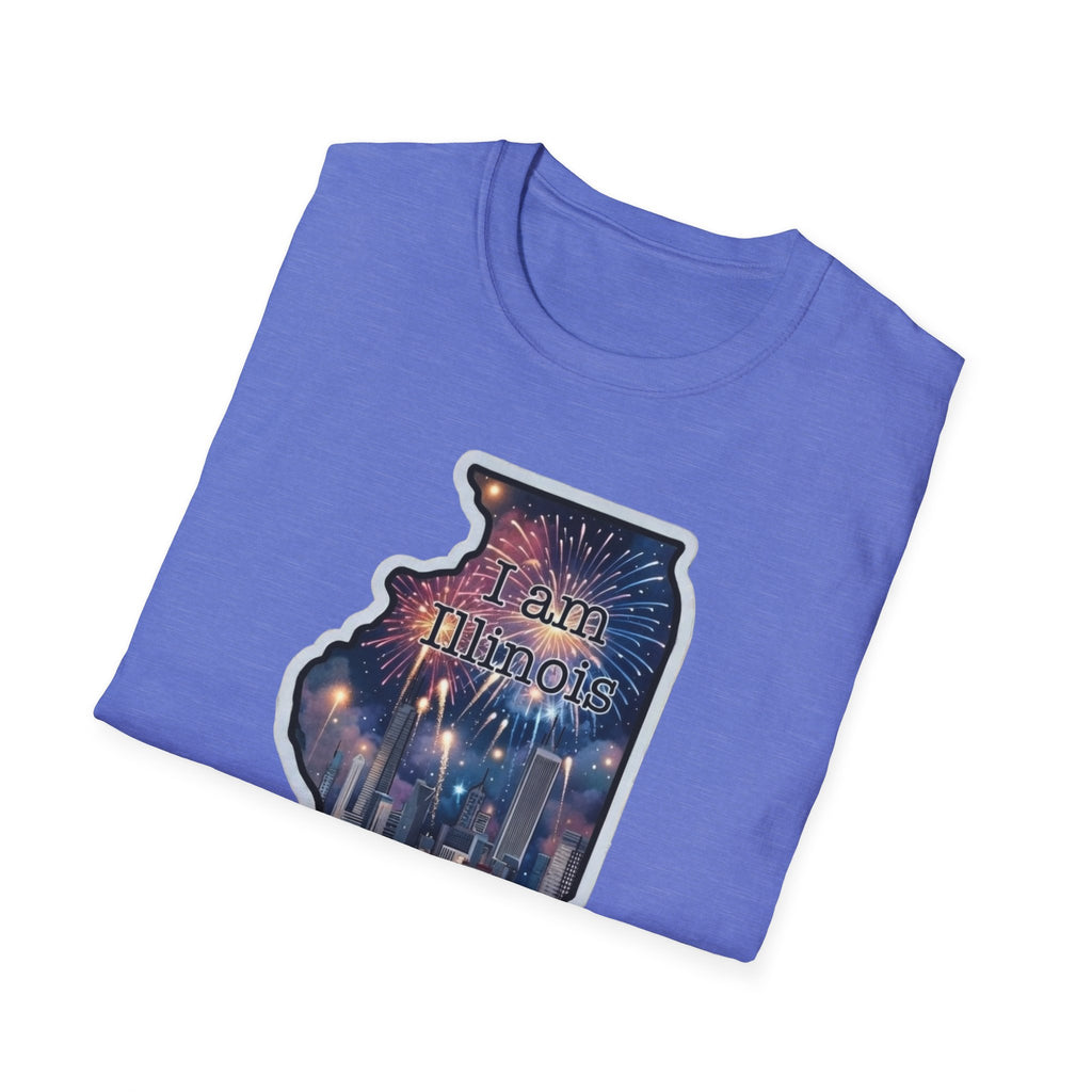 Illinois skyline state map T-shirt, purple with “I am Illinois” fireworks graphic