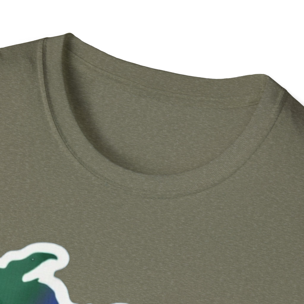 Olive green T-shirt collar close-up, no graphic visible