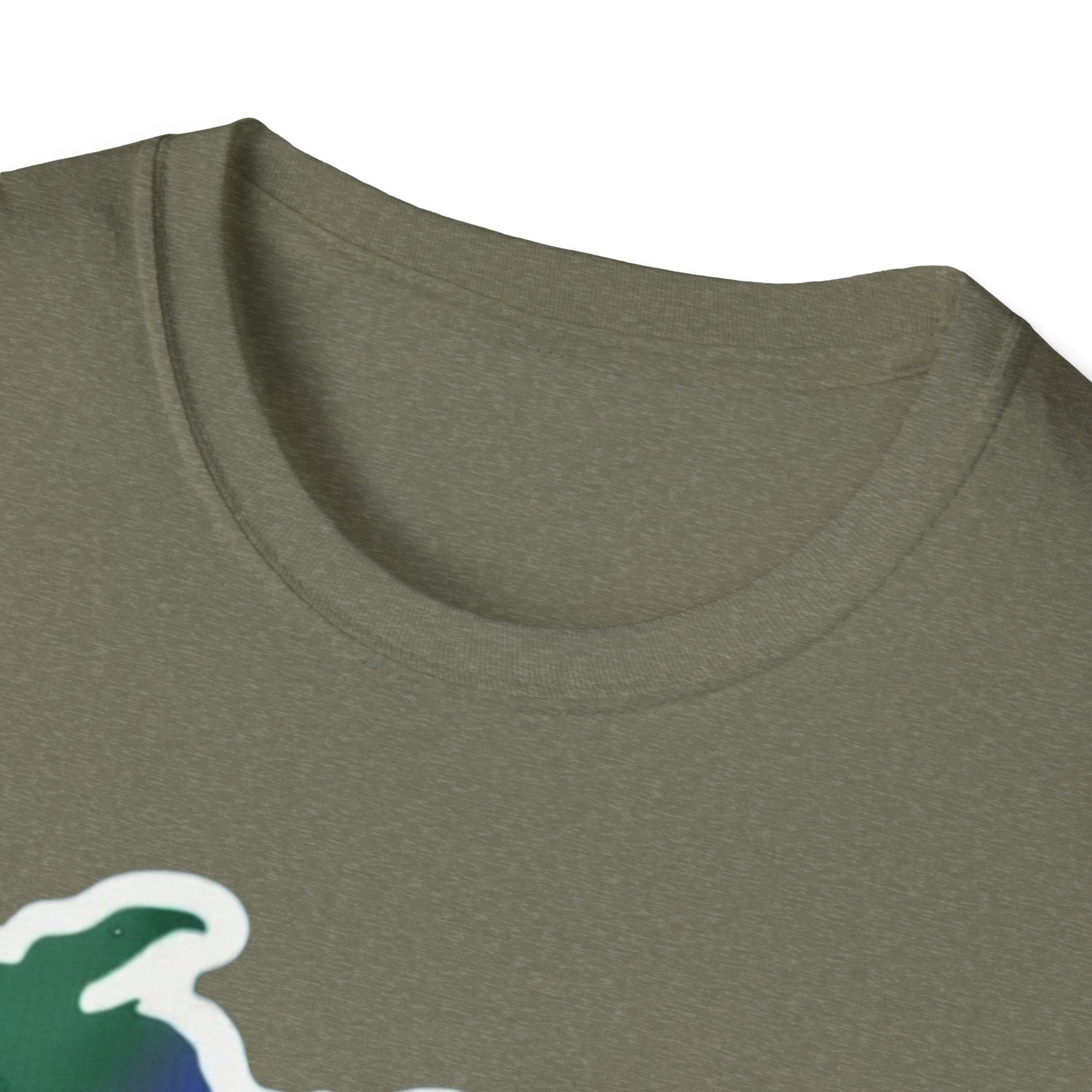 Olive green T-shirt collar close-up, no graphic visible