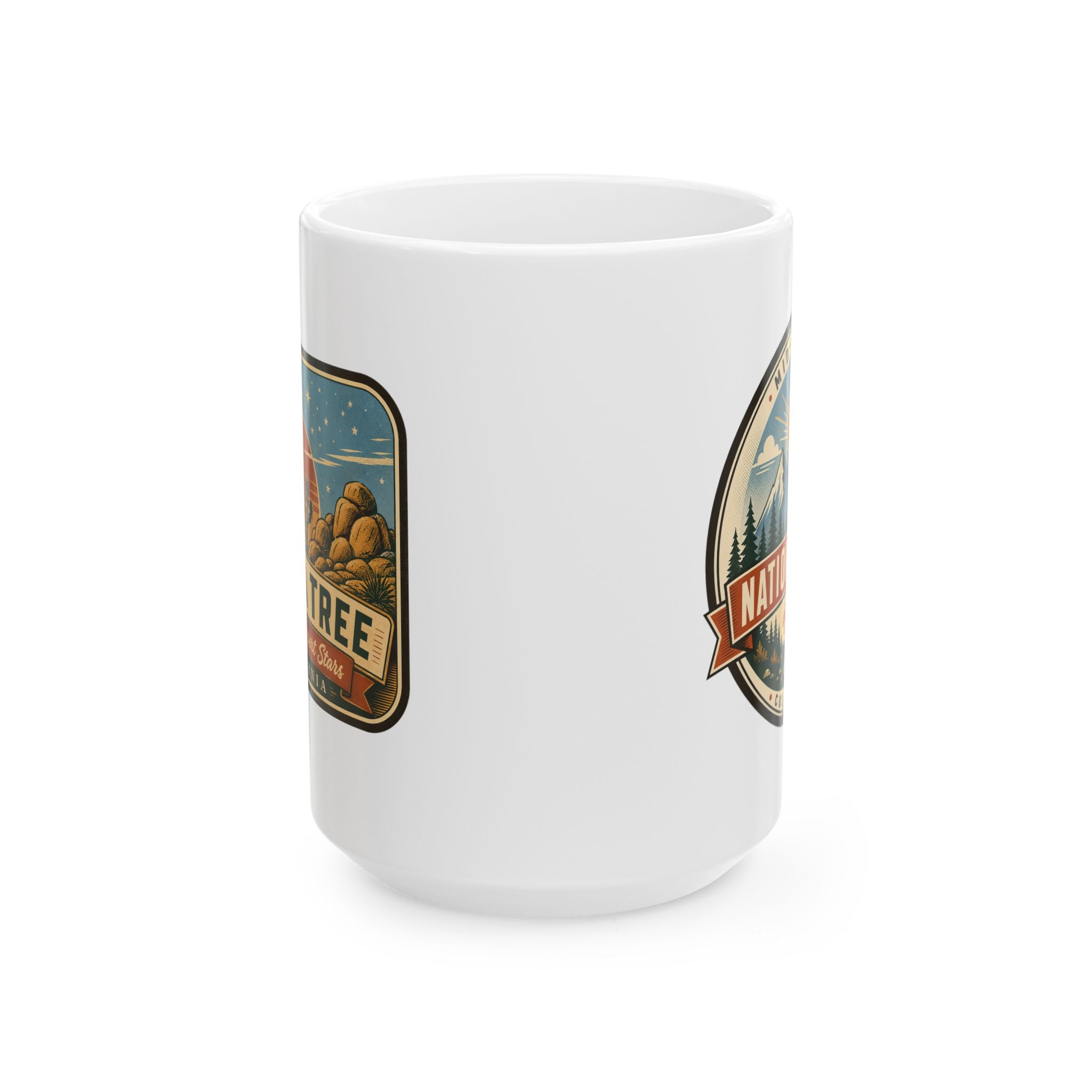 White ceramic mug with partial desert emblem and National Parks badge on side