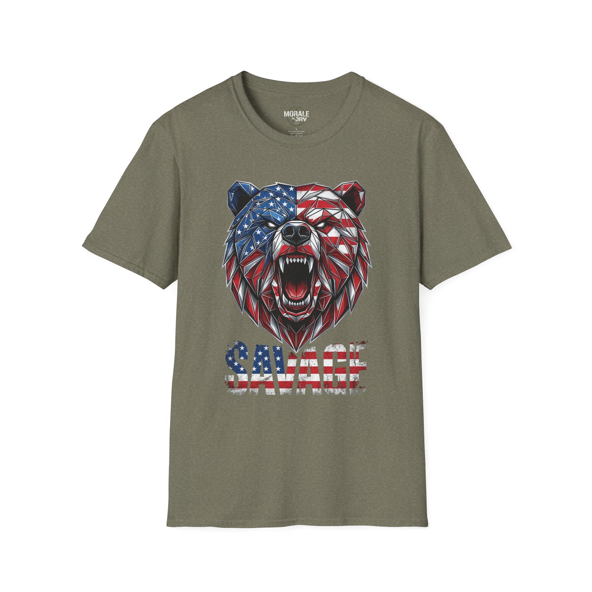 Military Green graphic T-shirt with geometric American flag bear head and SAVAGE text