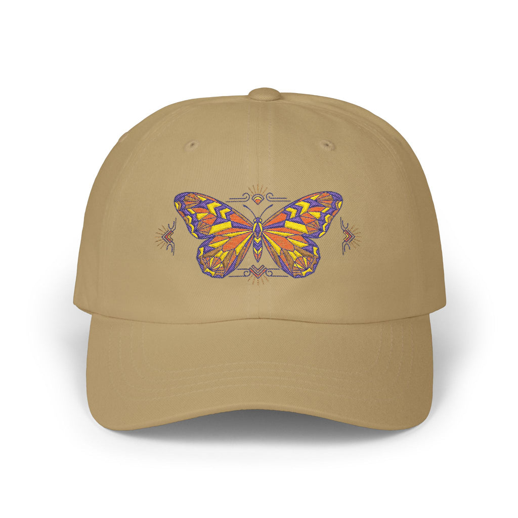 Tan dad cap with colorful butterfly-moth embroidery on the front panel