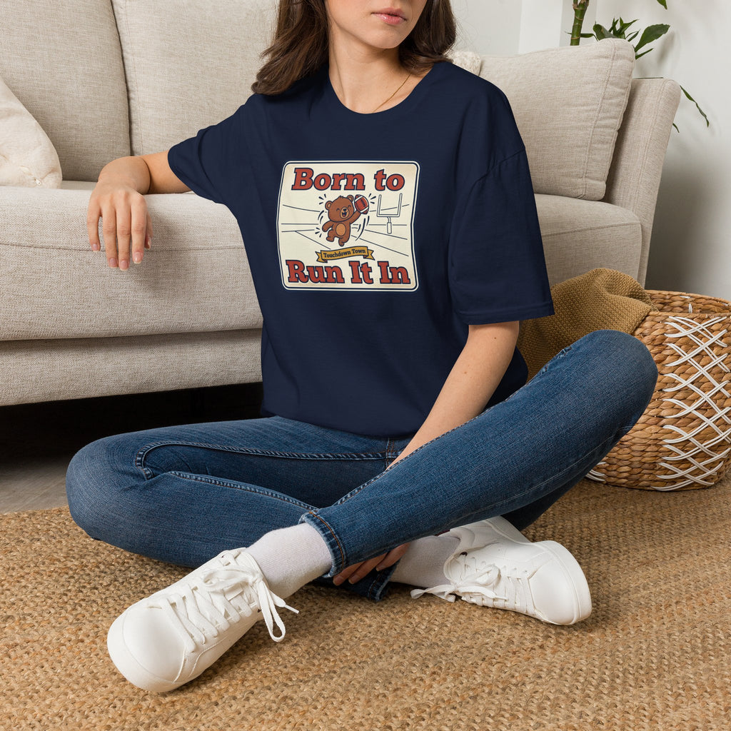 Navy crewneck T-shirt with bear graphic and text, short sleeves