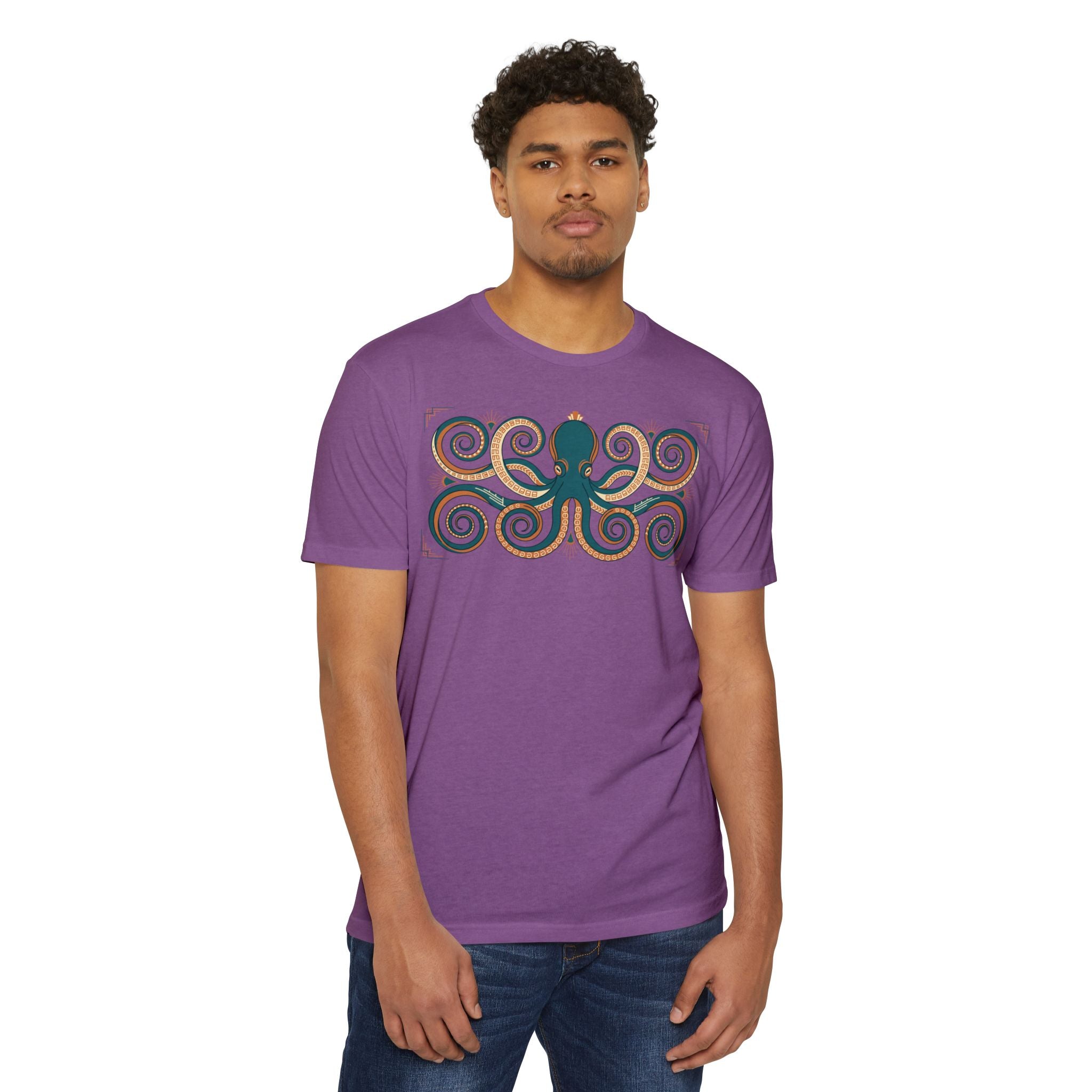 Unisex octopus graphic T-shirt, purple with teal and gold octopus front design.