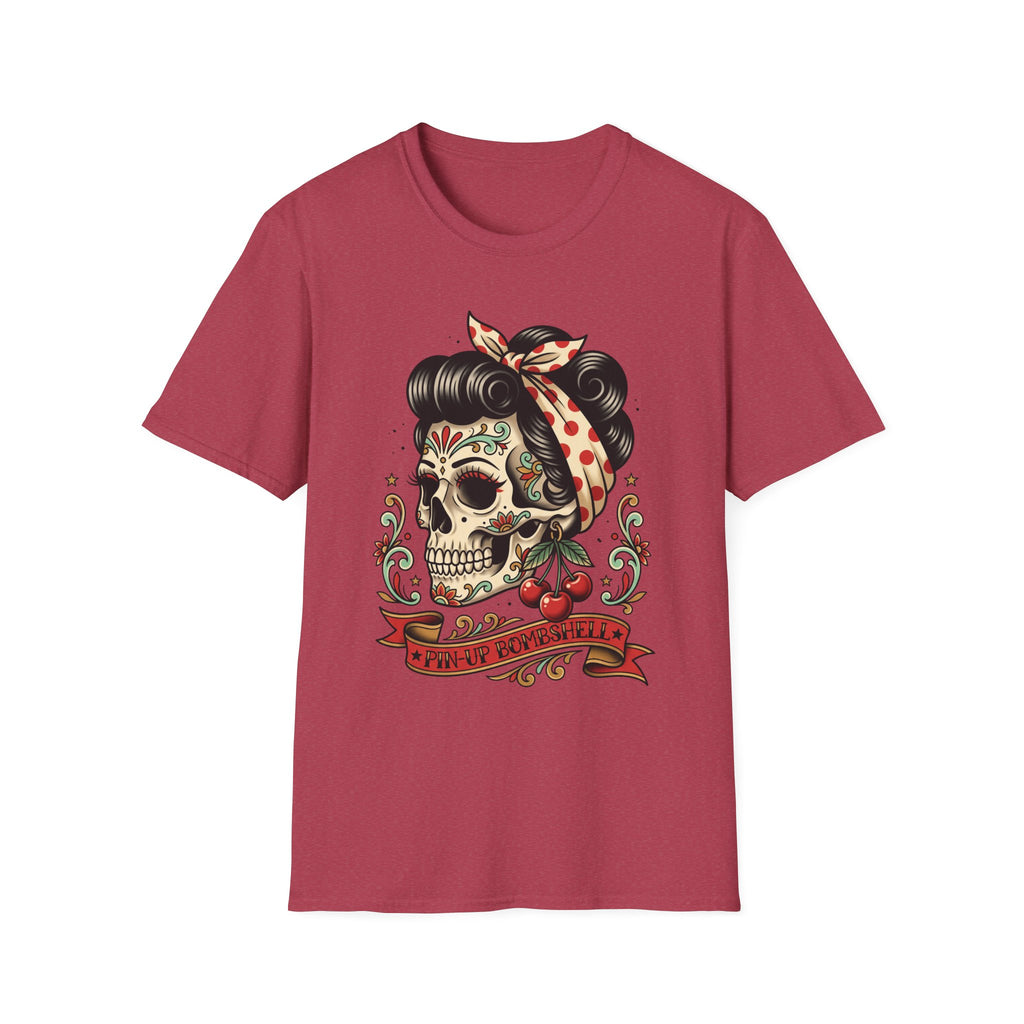 Red T-shirt featuring pin-up sugar skull hair and butterfly bow graphic, centered