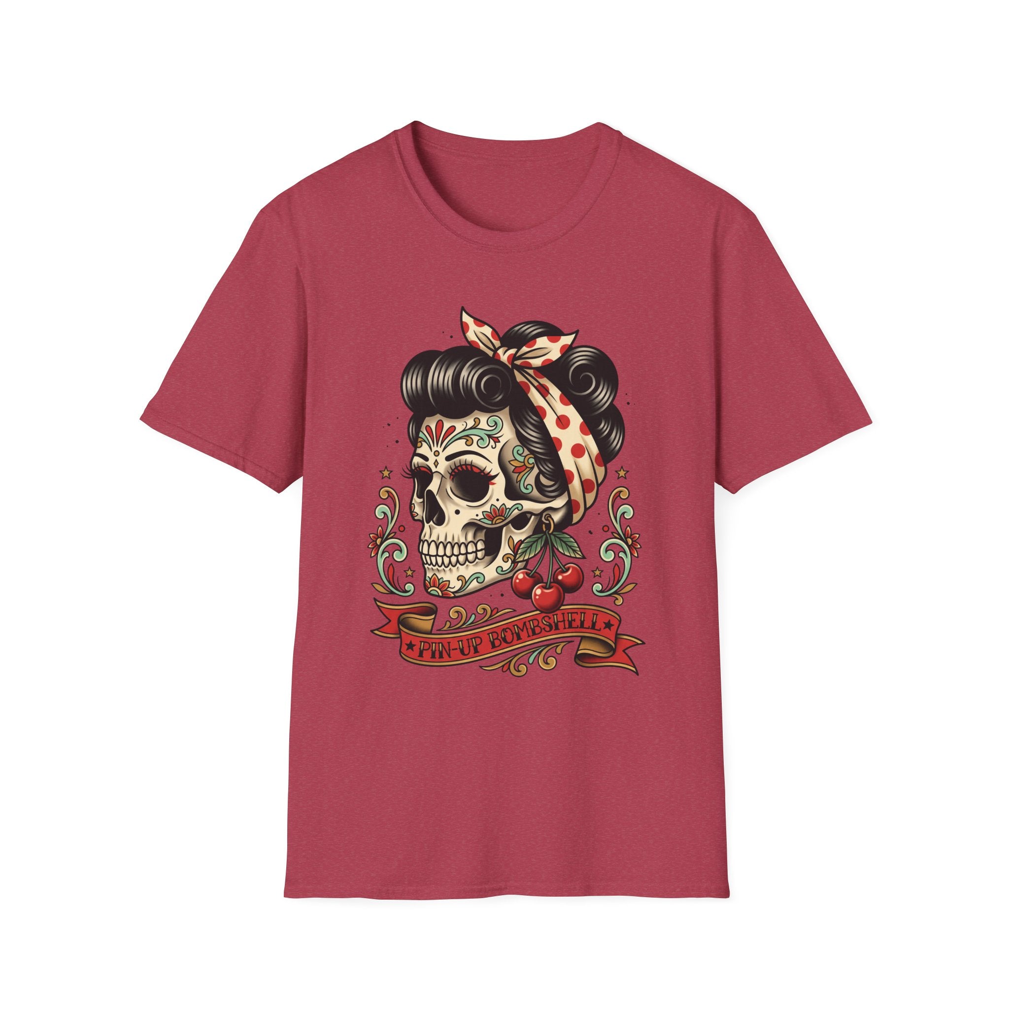 Red T-shirt featuring pin-up sugar skull hair and butterfly bow graphic, centered