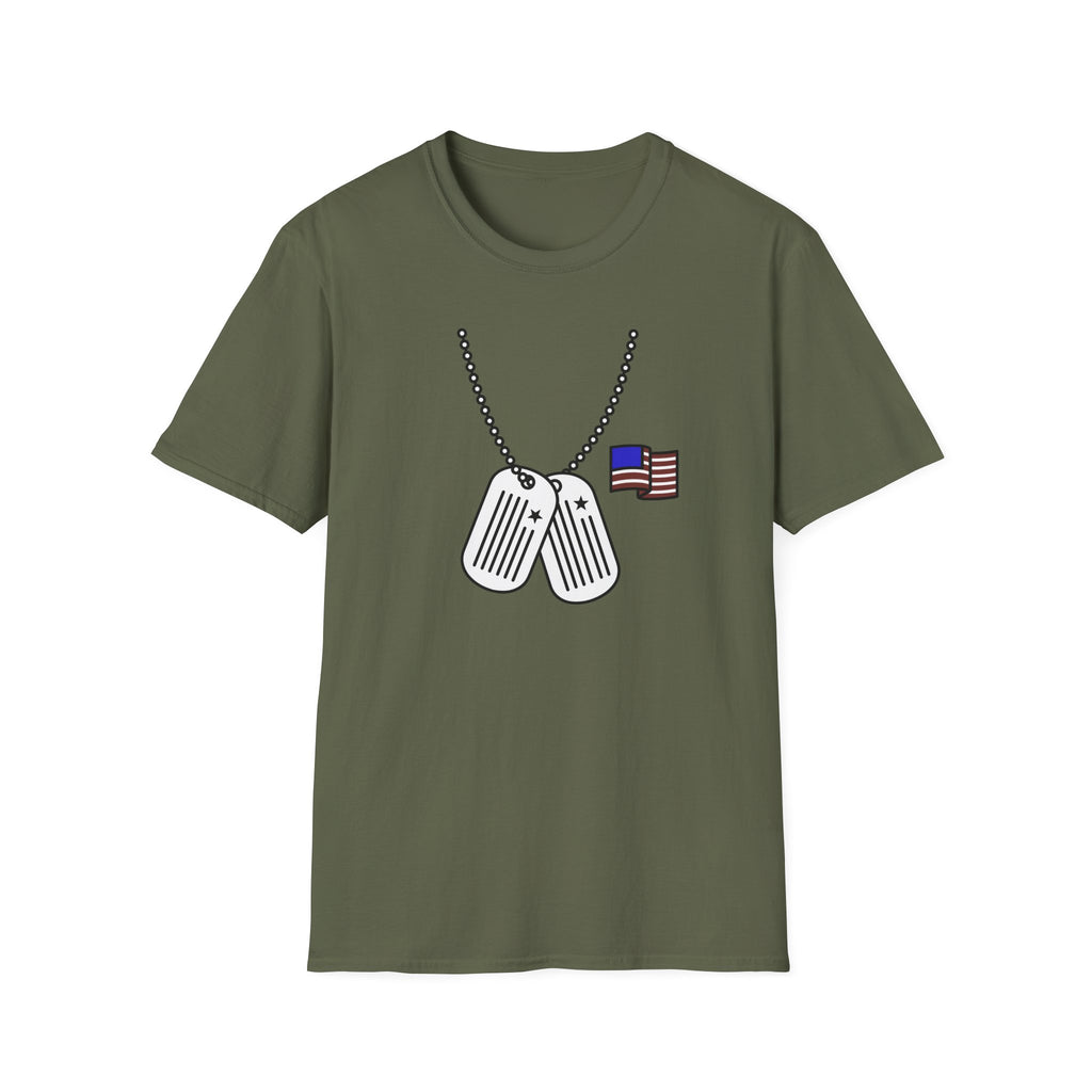 Military green T-shirt with dog tag chest graphic and American flag