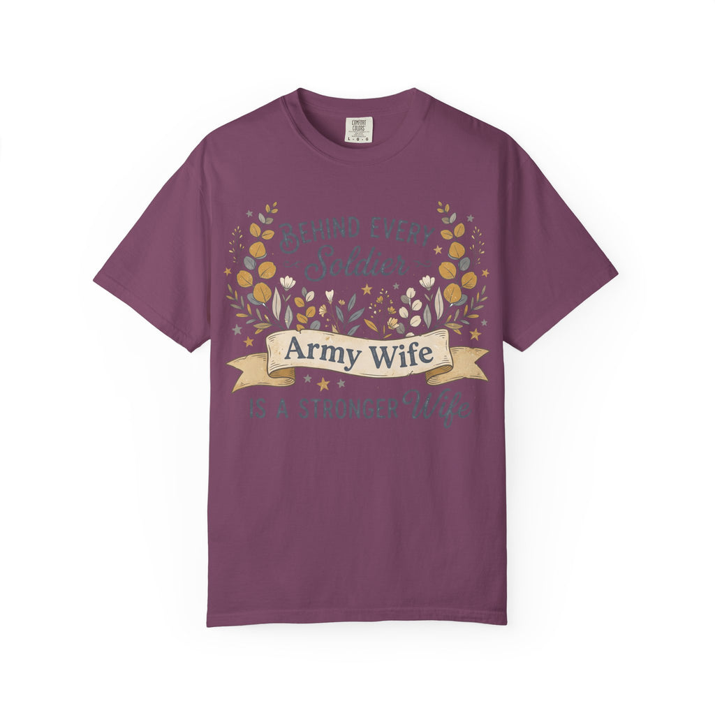 Purple T-shirt with floral wreath graphic and 'Army Wife' banner on front