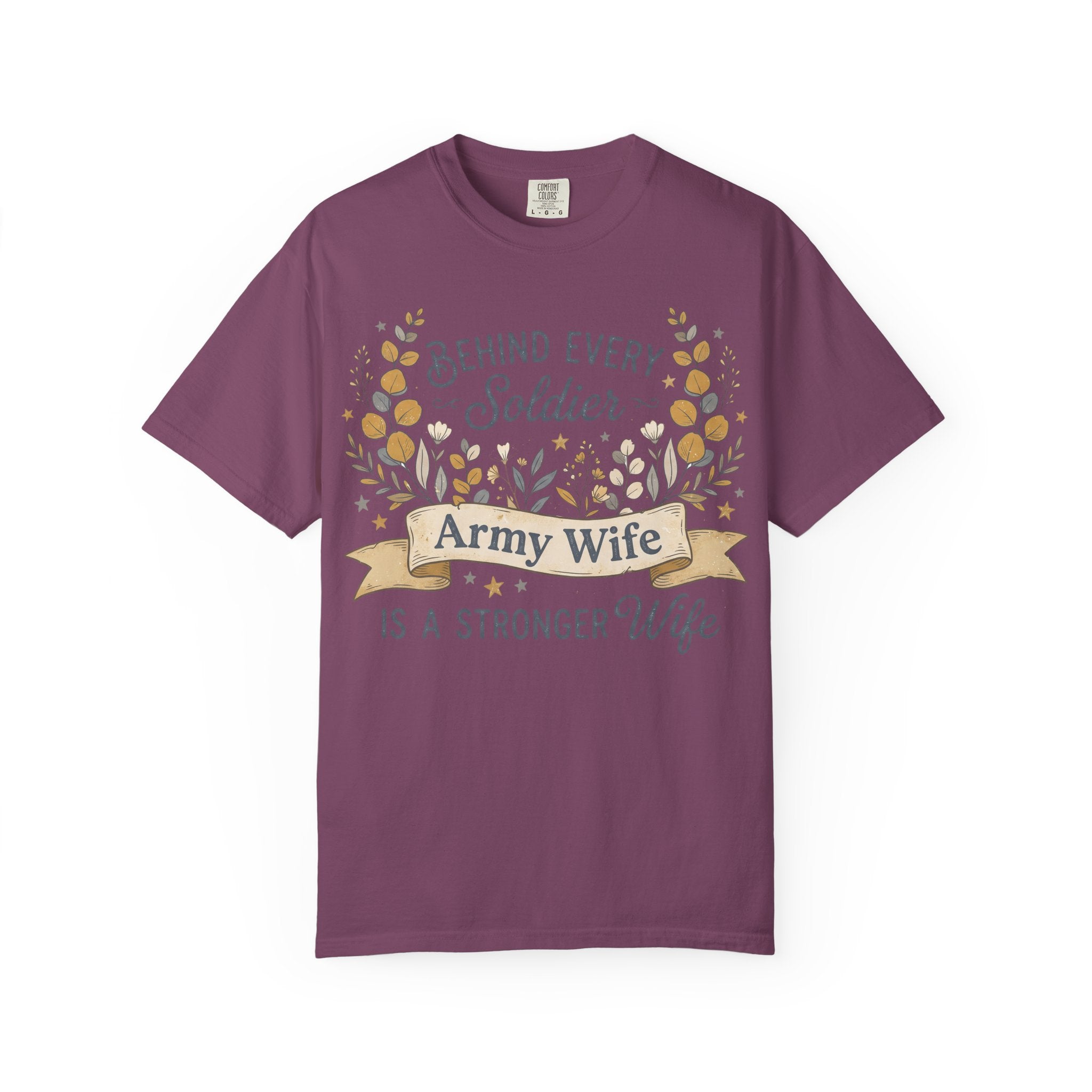 Purple T-shirt with floral wreath graphic and 'Army Wife' banner on front