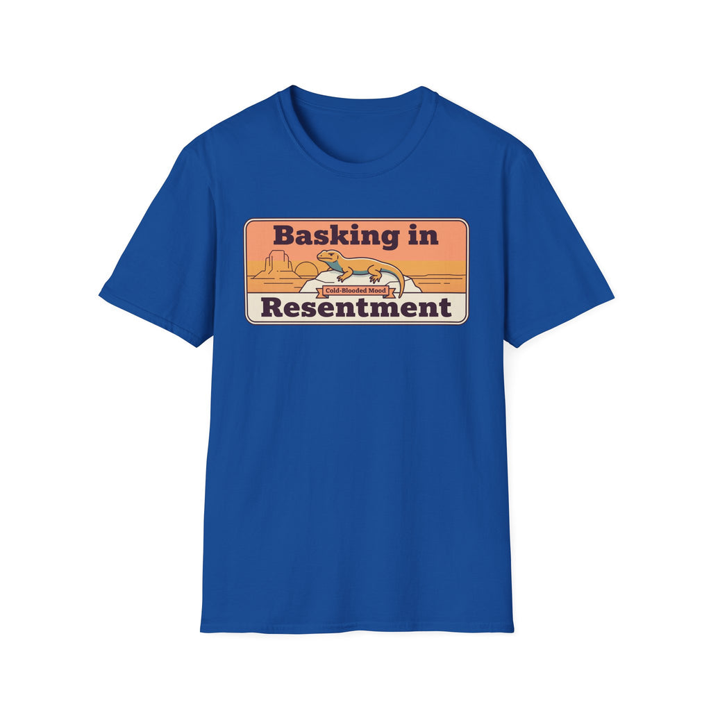 Blue lizard graphic T-shirt with boxed text "Basking in Resentment"