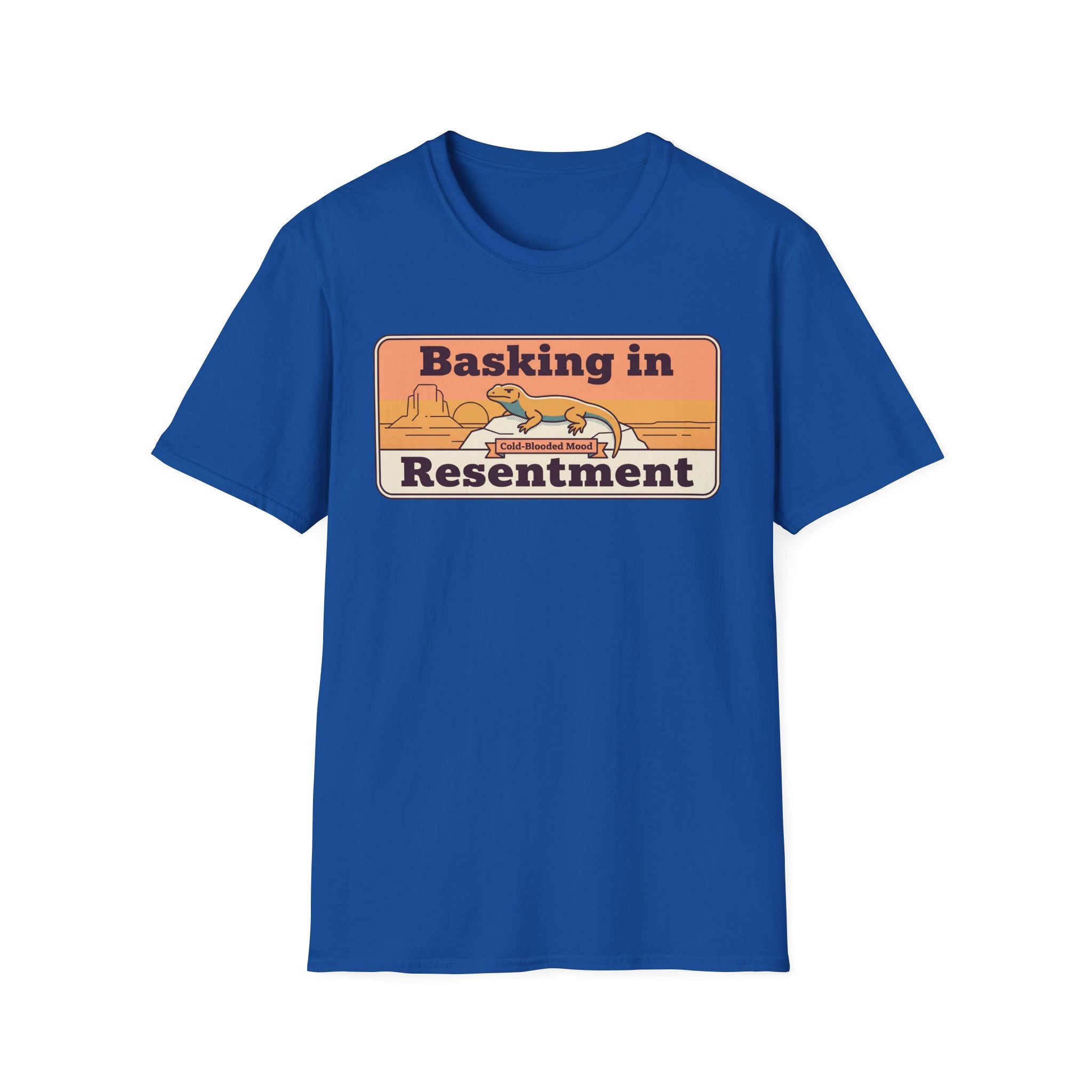 Blue lizard graphic T-shirt with boxed text "Basking in Resentment"