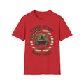 Red crew-neck T-shirt with circular camo helmet graphic and “STAND READY STAY FREE” text