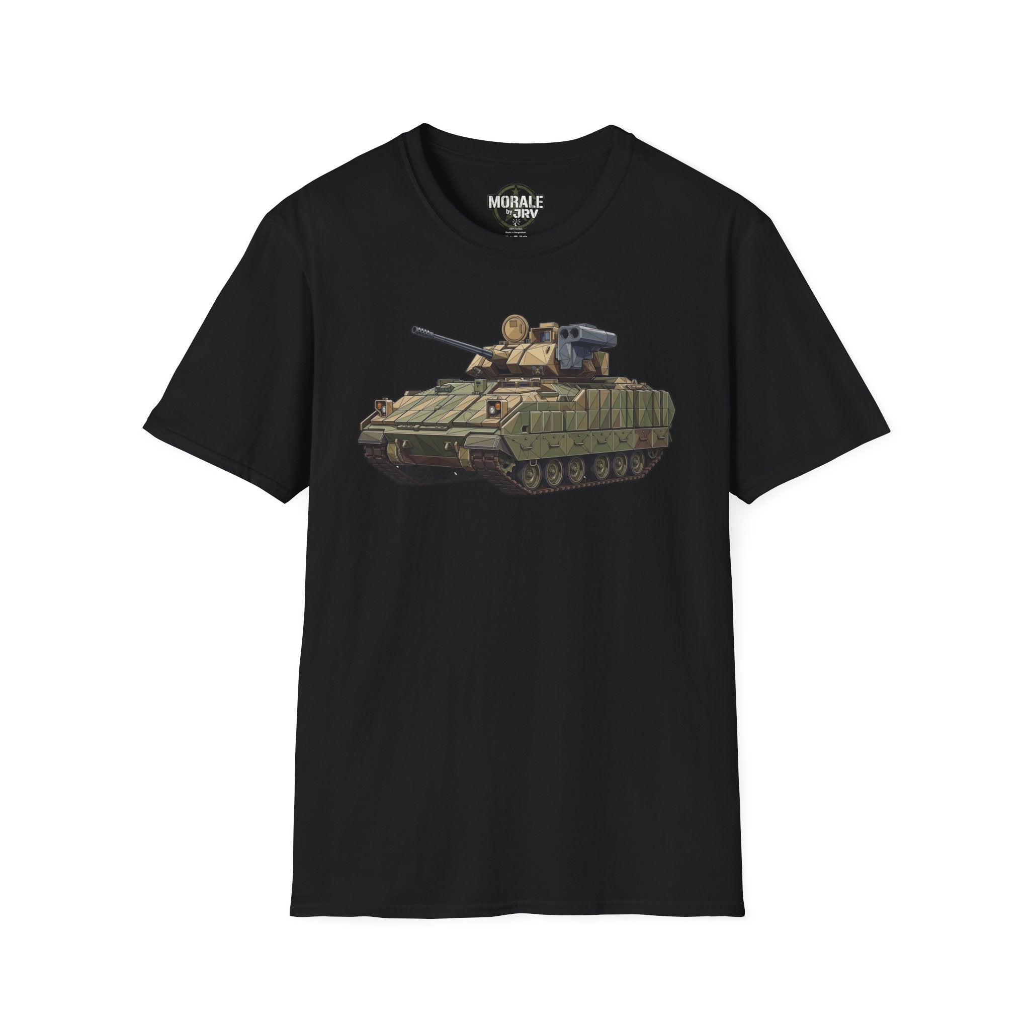 Black tank T-shirt with armored vehicle graphic across the chest