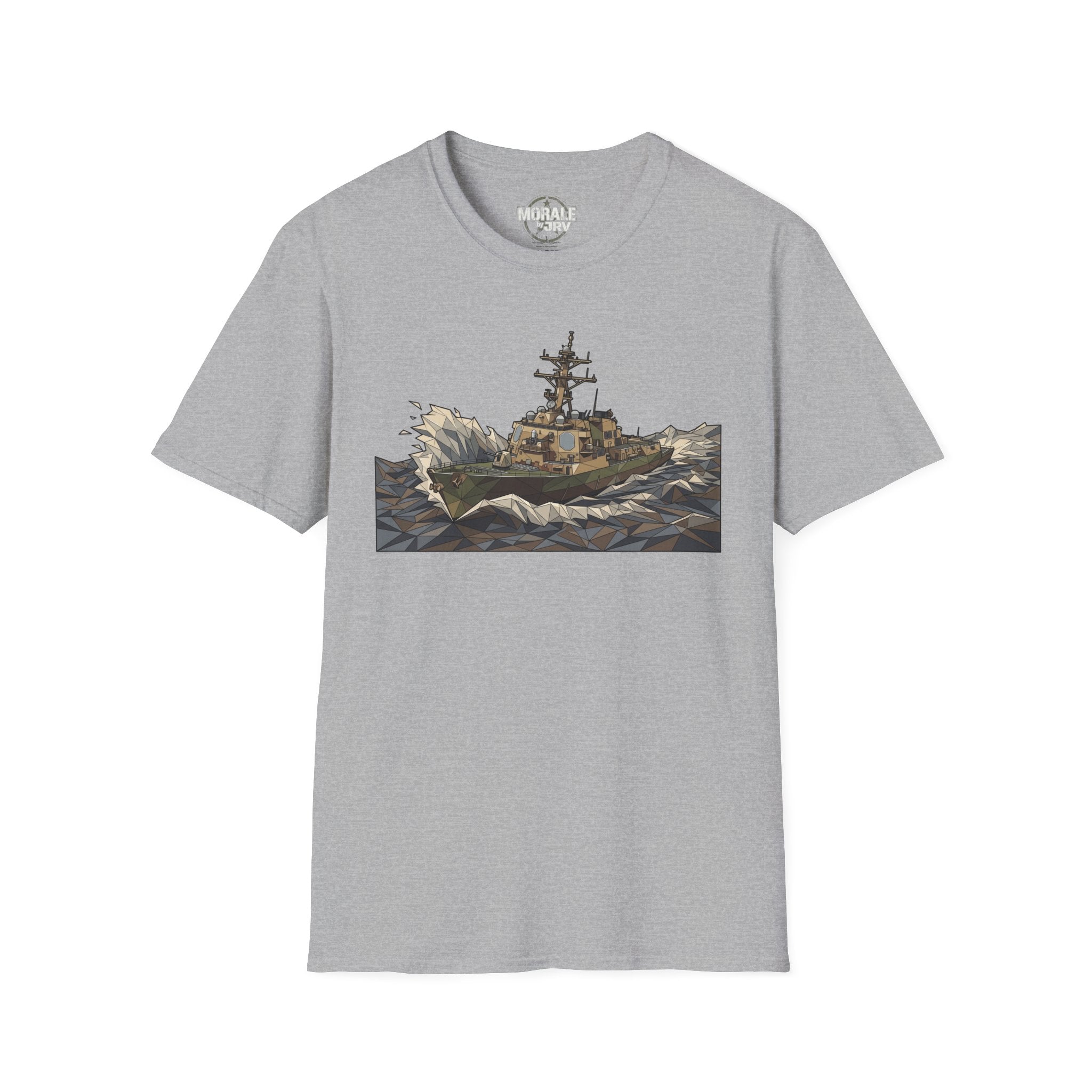 Light gray T-shirt with rough seas Coast Guard cutter ship graphic centered on front