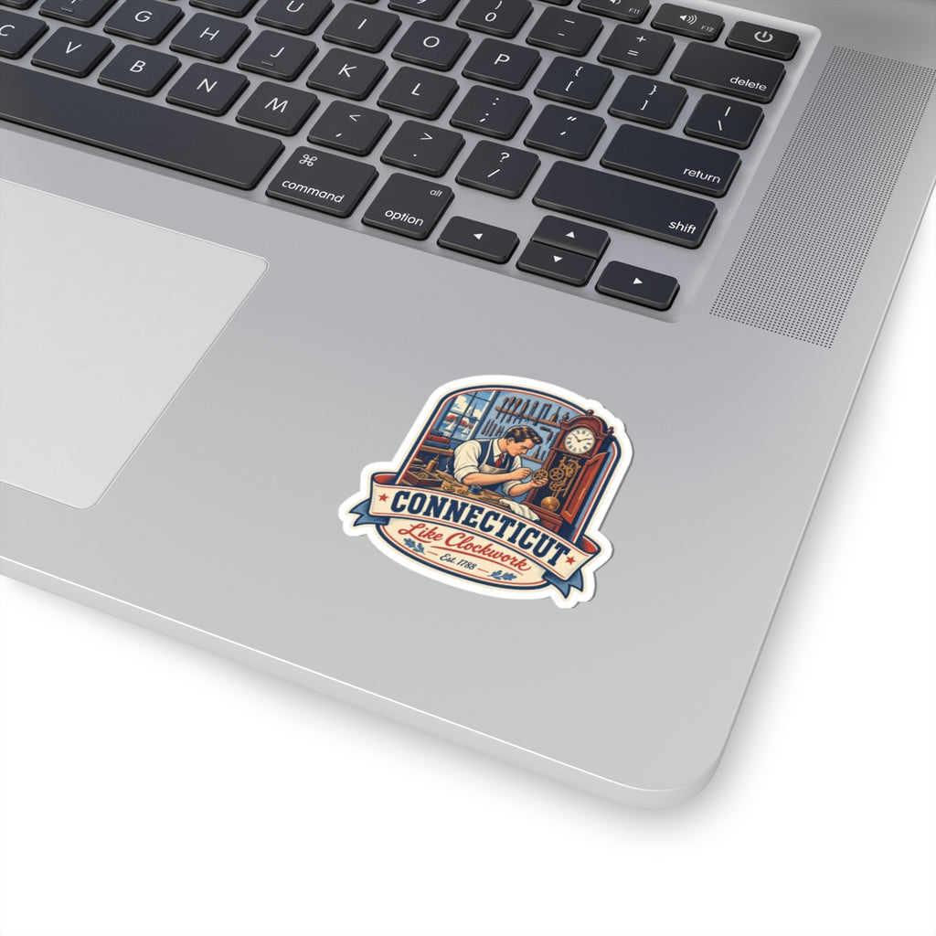 Multicolor Connecticut state emblem sticker with blue red banner text, kiss-cut edges