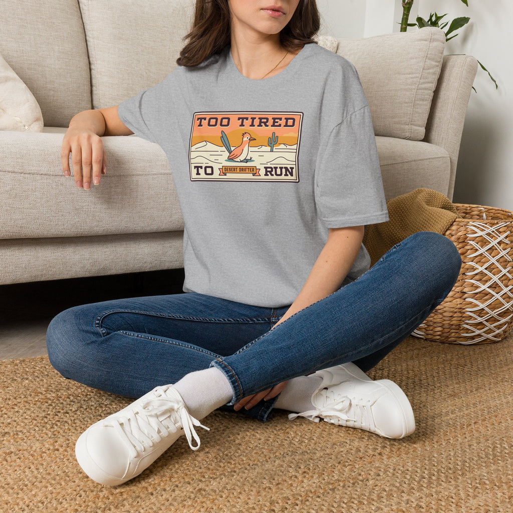 Light gray crew-neck T-shirt with desert road runner graphic on chest