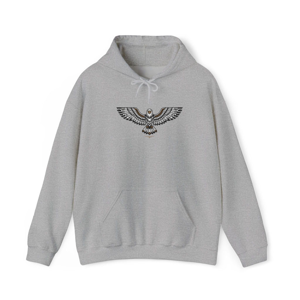 Light gray unisex hoodie with drawstring hood, front pocket, rhinestone eagle chest design