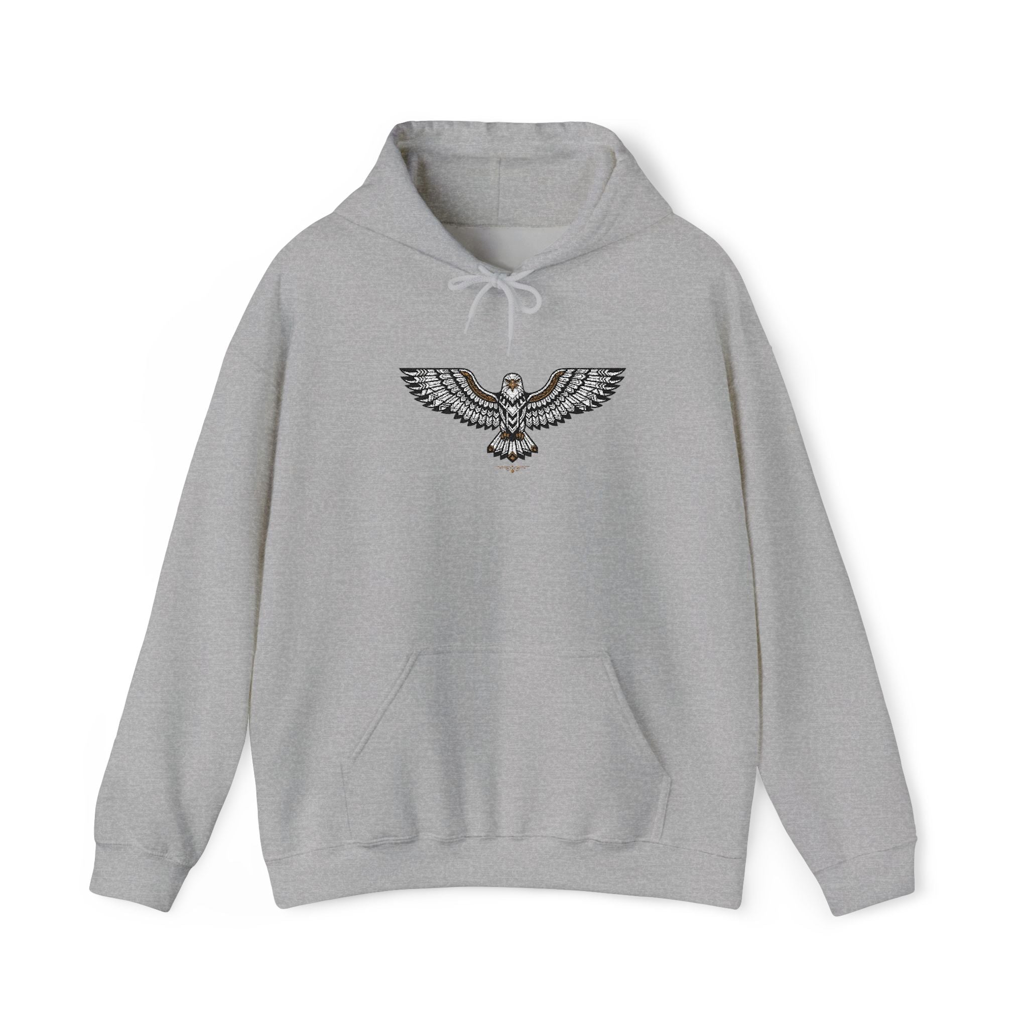 Light gray unisex hoodie with drawstring hood, front pocket, rhinestone eagle chest design