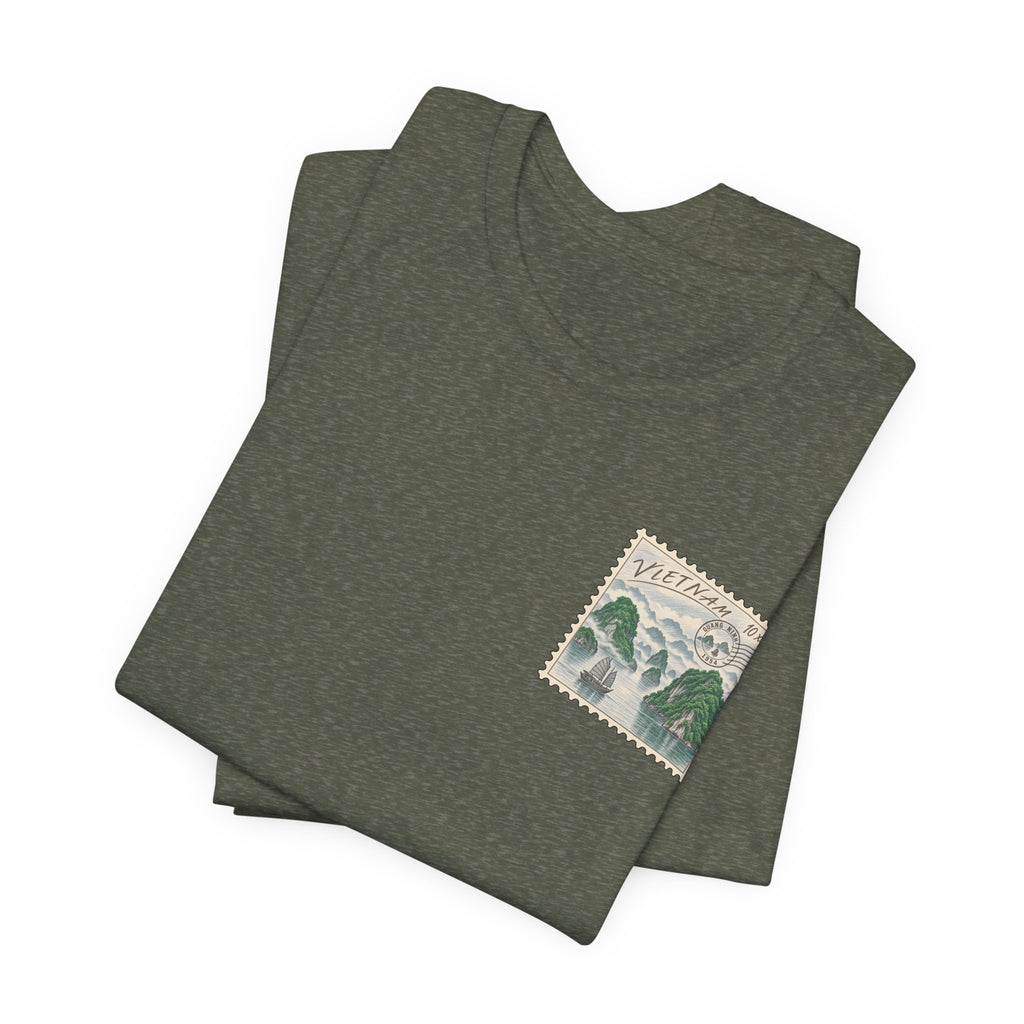Dark olive green vintage travel T-shirt with Vietnam postage-stamp front graphic