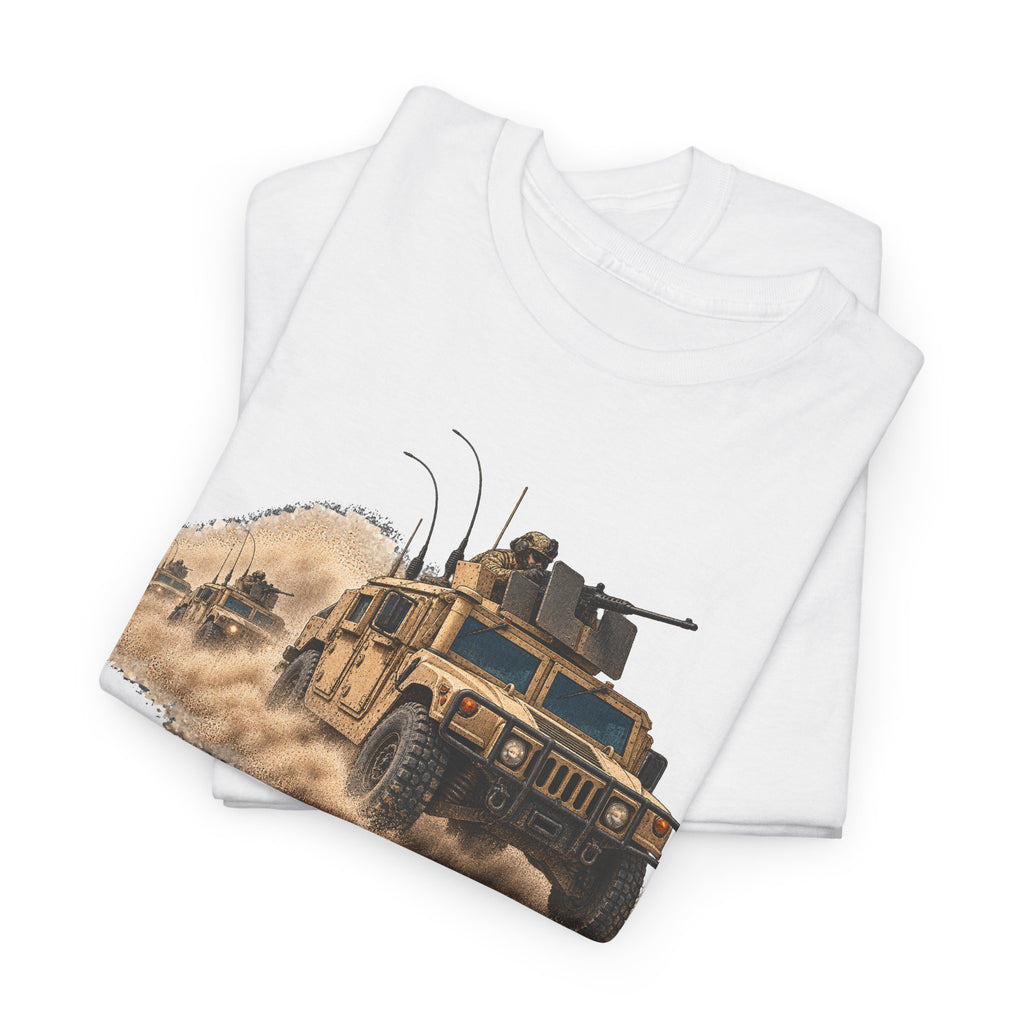 White crewneck T-shirt with desert armored vehicle graphic on front